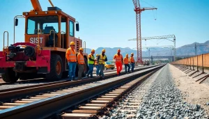 Workers from a Railroad Track Construction Company installing tracks with machinery in a bright, vibrant setting.