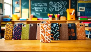 Handytasche Klassenzimmer präsentiert stilvoll auf einem Schreibtisch mit Schulmaterialien