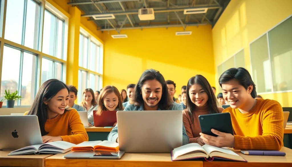現代的な教室で、TOEIC対策のためにスタサプ TOEIC キャンペーンコードを活用している熱心な学生たち。