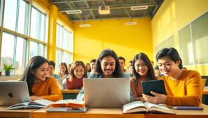 現代的な教室で、TOEIC対策のためにスタサプ TOEIC キャンペーンコードを活用している熱心な学生たち。