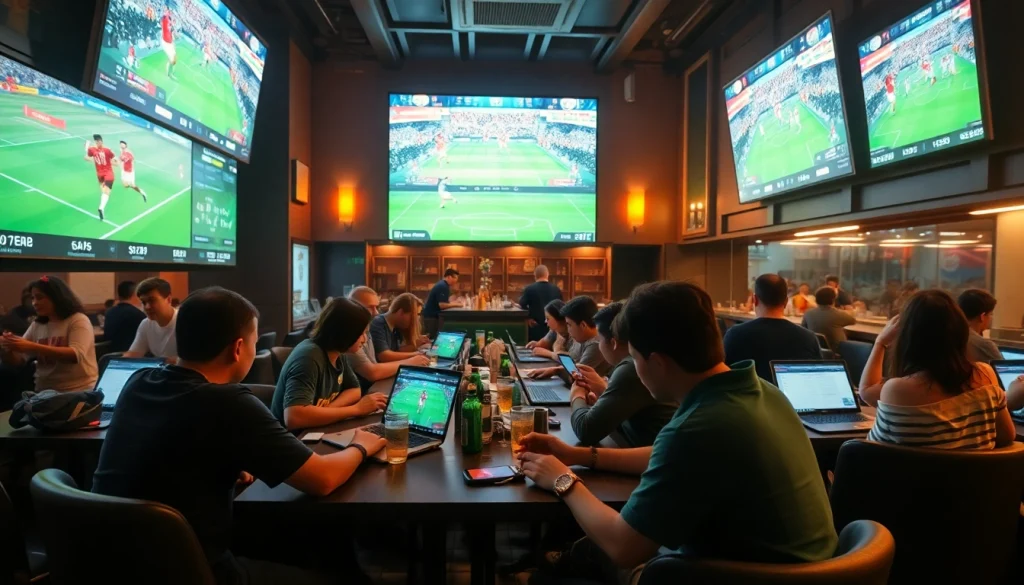 Engaging sports betting scene at https://keonhacai.study/ with fans analyzing odds in a lively bar.