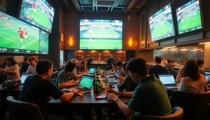Engaging sports betting scene at https://keonhacai.study/ with fans analyzing odds in a lively bar.