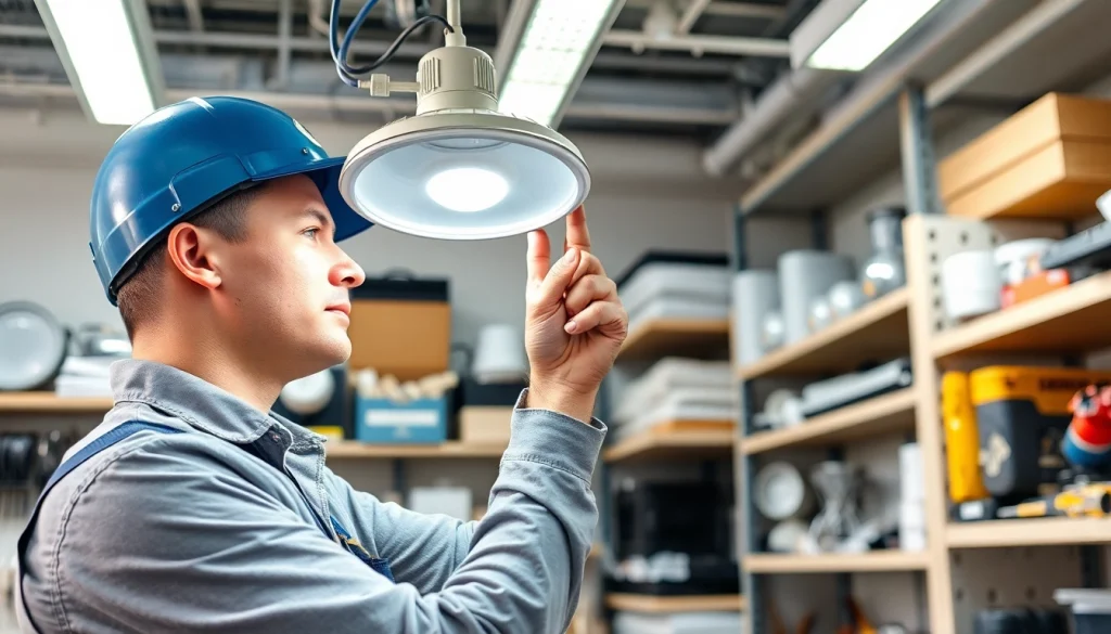 Technician engaged in lighting service maintenance, ensuring safety and efficiency.