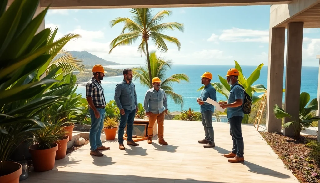 Hawaii construction news featuring professionals collaborating on a site amidst a vibrant landscape.