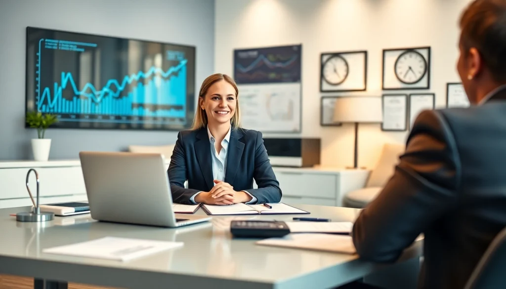 Biuro rachunkowe: Przyjazny księgowy pomagający klientowi w nowoczesnym biurze, podkreślający wiedzę finansową.