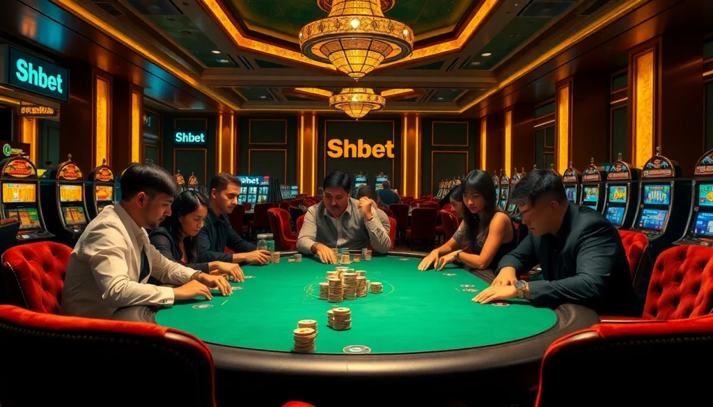 Players enjoying an exciting poker game at Shbet's luxurious casino, surrounded by slot machines and vibrant decor.