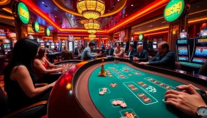 Exciting RR99 casino gaming scene with players at roulette and poker tables.