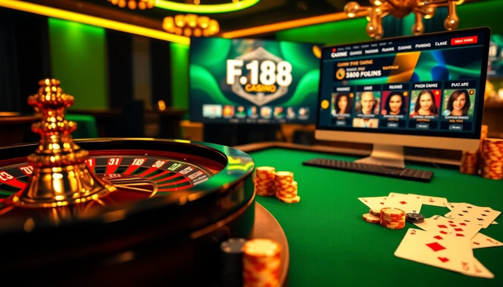 Exciting online gambling scene at F168 with poker chips and roulette wheel.