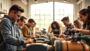 Apprenticeship programs engaging diverse individuals in hands-on training within a bright workshop.