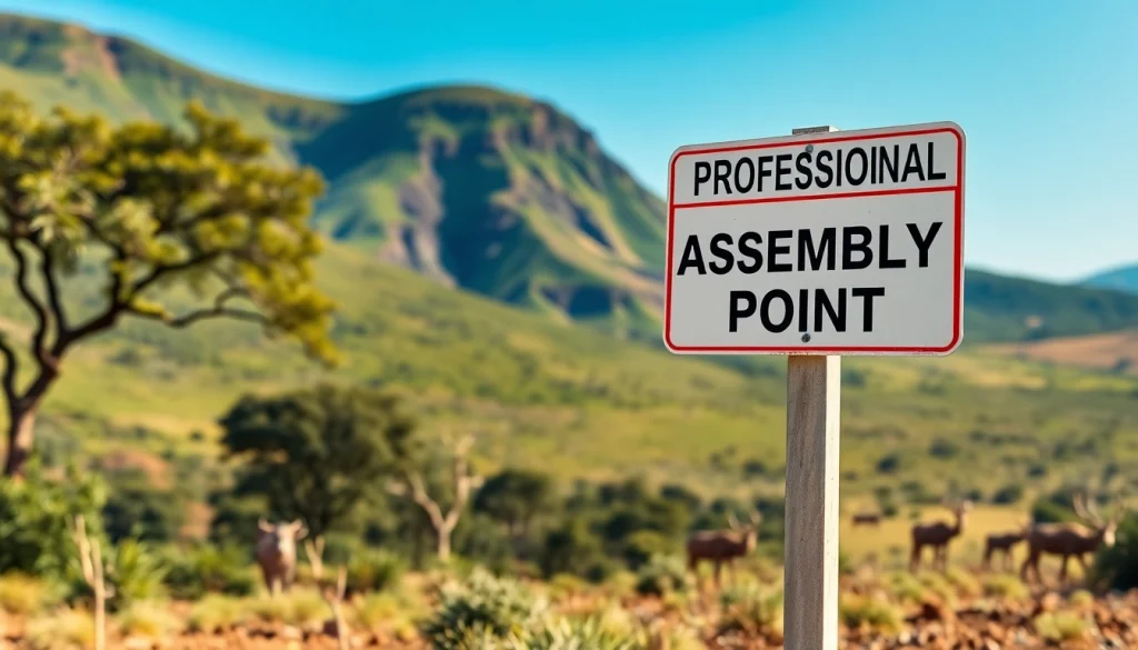 Assembly point sign Kenya prominently displayed against a lush Kenyan landscape.