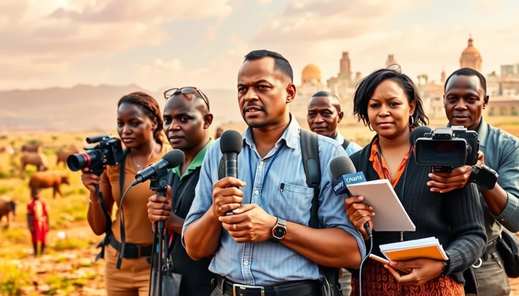 Reporters covering Kenya News Today in diverse locations, emphasizing the vibrant storytelling.