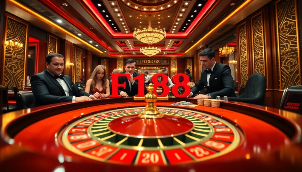 Gamblers at a roulette table in an upscale casino featuring the F168 logo, emphasizing excitement and strategy.