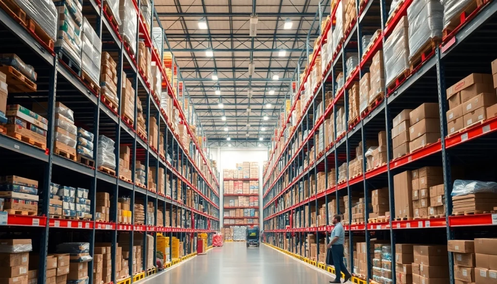 Efficient warehousing layout featuring organized shelves and bright lighting, emphasizing productivity.