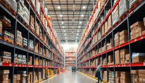 Efficient warehousing layout featuring organized shelves and bright lighting, emphasizing productivity.