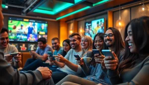 8day gaming platform showcasing a diverse group of players engaging in online games in a modern setting.