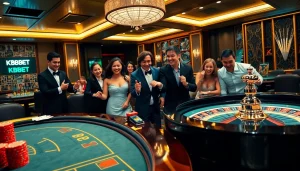 KBBET players enjoy an exciting poker game at a luxurious casino table.