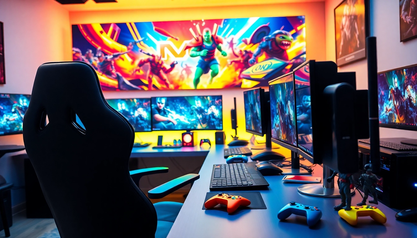 Engaging gaming room overflowing with gnhustgames visuals, controllers, and vibrant neon lights.