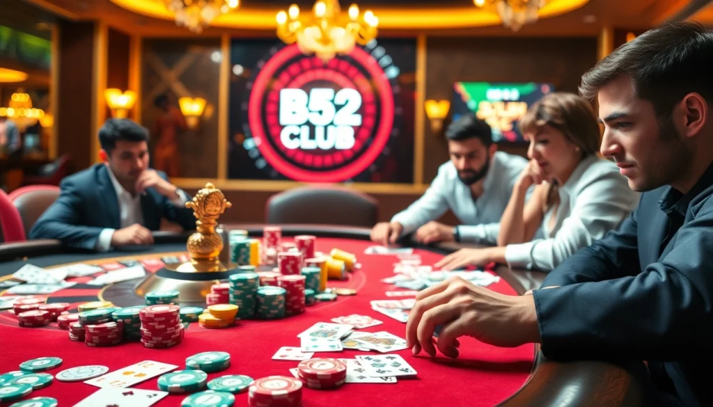 Exciting gaming action at B52 CLUB casino with vibrant roulette wheel and poker players.