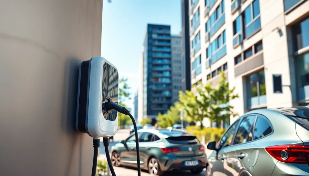 EV Charging Installation showcased by a technician at a modern building with vibrant urban backdrop.