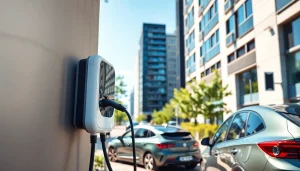 EV Charging Installation showcased by a technician at a modern building with vibrant urban backdrop.