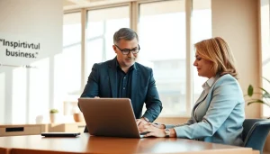 Engaged business coach California mentoring a client in a modern office, fostering a professional environment.