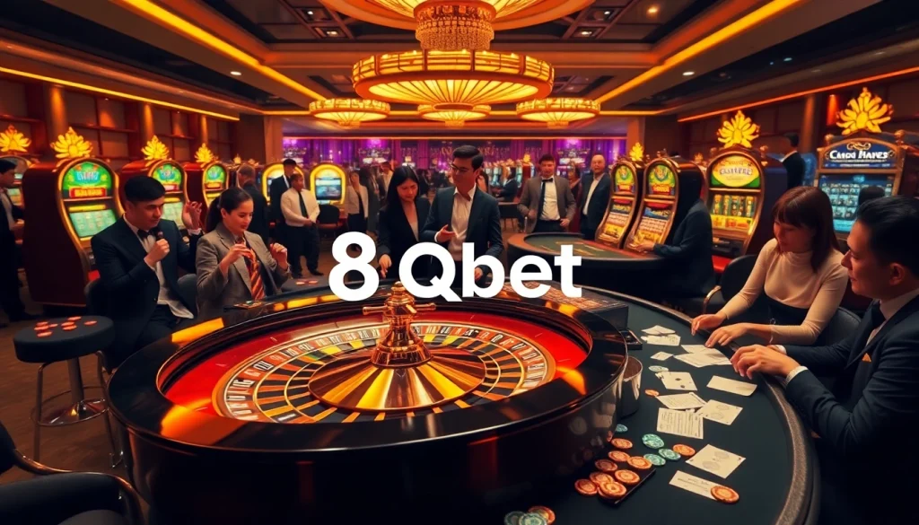 Gamblers placing bets at a luxurious 8qbet casino table, filled with excitement and atmosphere.