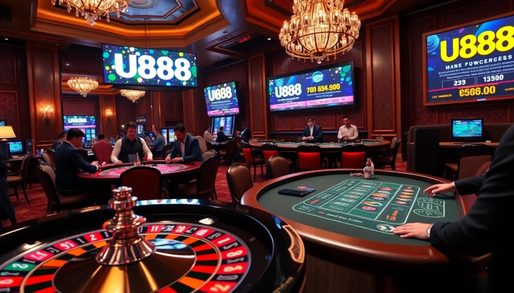 Betting excitement at U888 casino with roulette, poker, and vibrant players.