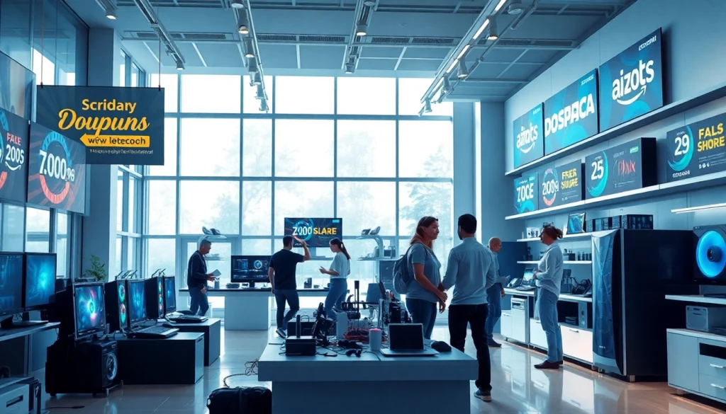 ゲームPCとプロモーションを特徴とする現代的なテックストアのシーンで、独占的なドスパラクーポンオファーを発見