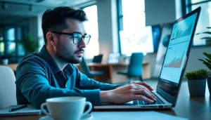Optimieren der google seo Strategien auf einem Laptop in einem modernen Büro.