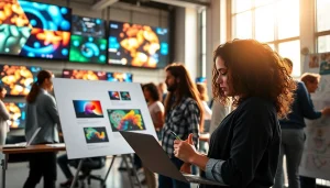 Image to prompt tools in action at a modern AI tech studio, showcasing collaboration and creativity.