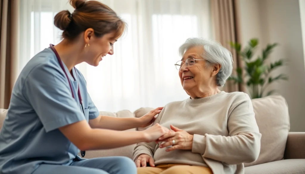Elderly in home care near me: caregiver warmly assisting an elderly client in a cozy living room.