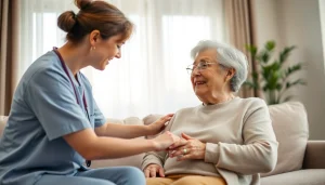 Elderly in home care near me: caregiver warmly assisting an elderly client in a cozy living room.