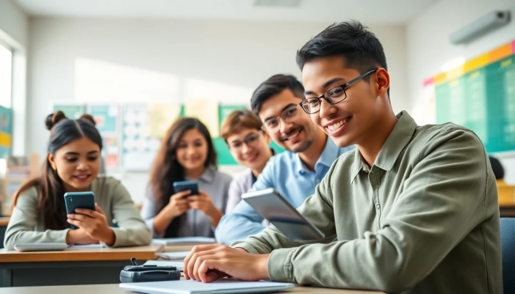 Students managing phon in school life with their devices in a bright classroom.