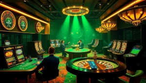 Experience the excitement of phjoy with vibrant casino tables and spinning roulette wheels in a luxurious online setting.