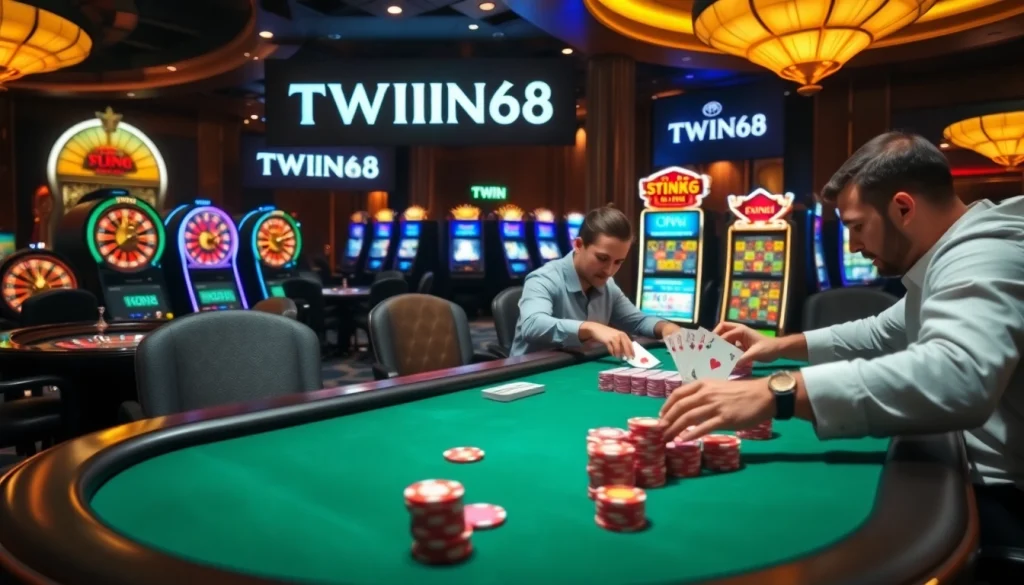 TWIN68 players engaging in an exciting poker game at a luxurious casino.