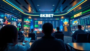 Interactive scene showcasing 8kbet trang chủ with diverse casino games and sports betting, conveying excitement and trust.
