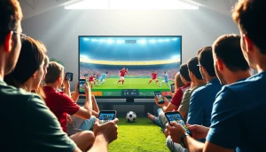 Live football streaming experience on https://socolive.gold/ with excited fans and modern devices.