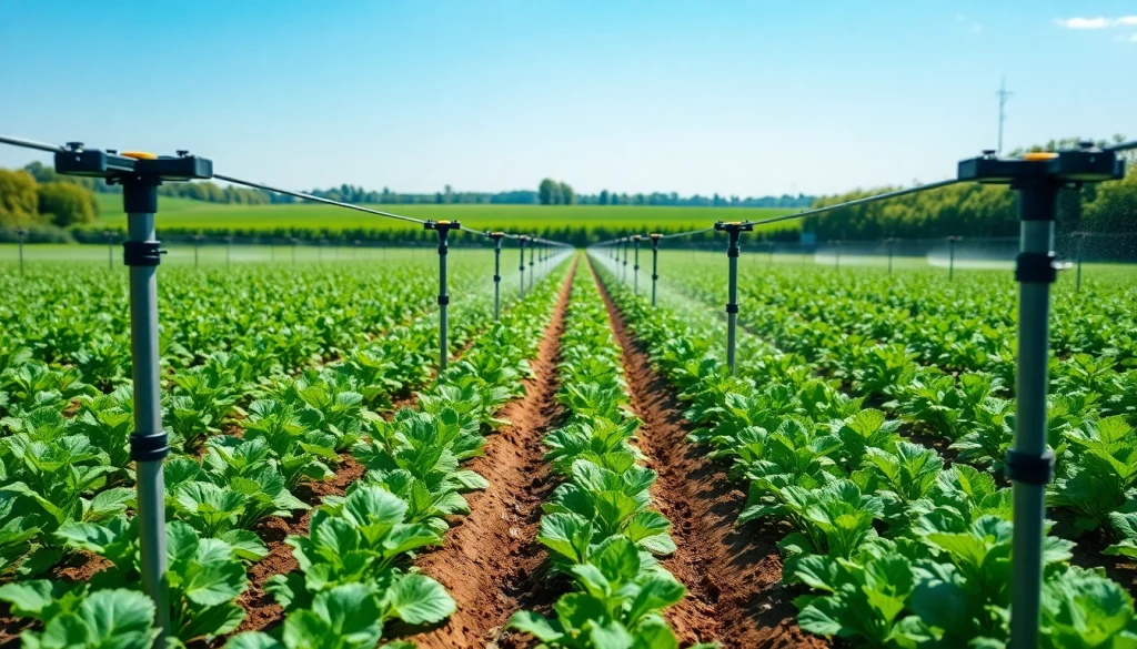 Efficient land irrigation system watering crops in a lush agricultural field