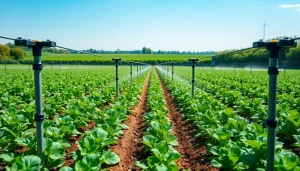 Efficient land irrigation system watering crops in a lush agricultural field
