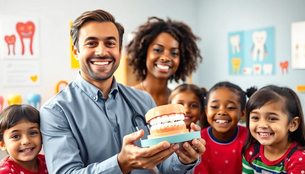 Engaging Hawthorn orthodontist for children educating kids about dental health in a welcoming clinic.