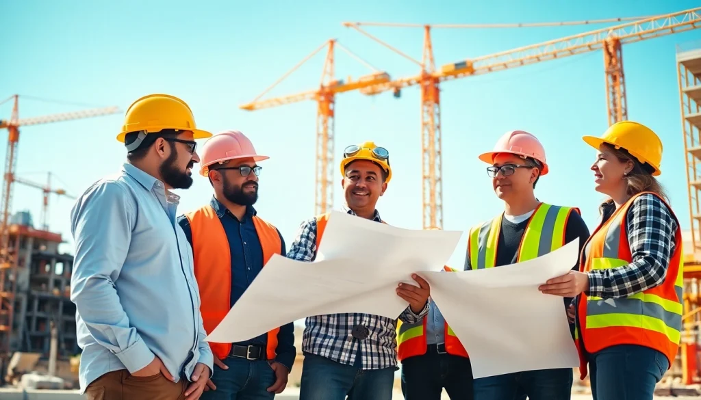 Construction association professionals collaborating on-site, emphasizing teamwork and safety.