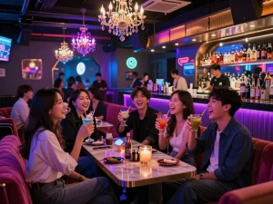 朋友们在充满霓虹灯和节日气氛的江南快乐唱歌场所享受강남쩜오夜生活。