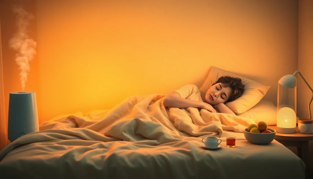 風邪を一晩で治す実証済みの方法を示す心地よいベッドルームのシーン。休んでいる人、ハーブティー、加湿器を特徴としています。