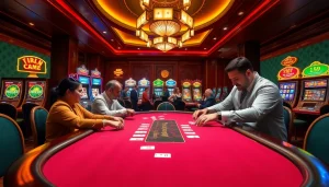 Players enjoying high-stakes poker in a luxurious U888 casino atmosphere, capturing excitement and intensity.