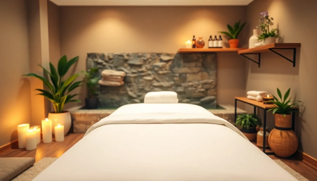 편안한 조명, 아로마 테라피 오일, 차분한 분위기의 휴식 마사지 치료실.