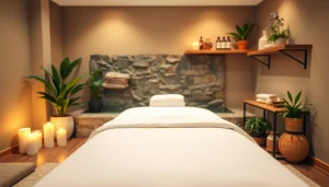 편안한 조명, 아로마 테라피 오일, 차분한 분위기의 휴식 마사지 치료실.