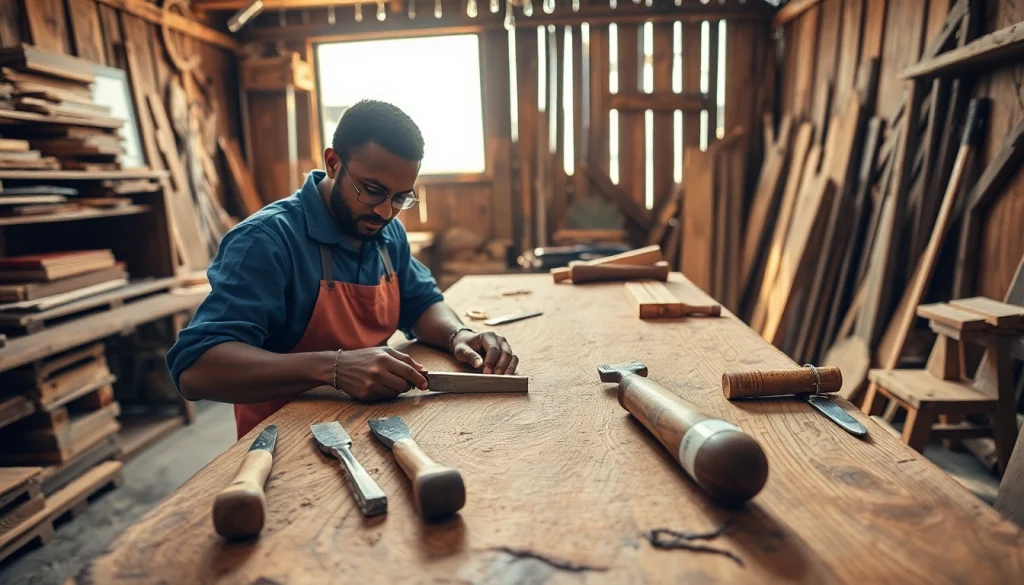 Engaging carpentry courses in Durban with a craftsman at work, using tools and wood in a sunny workshop.