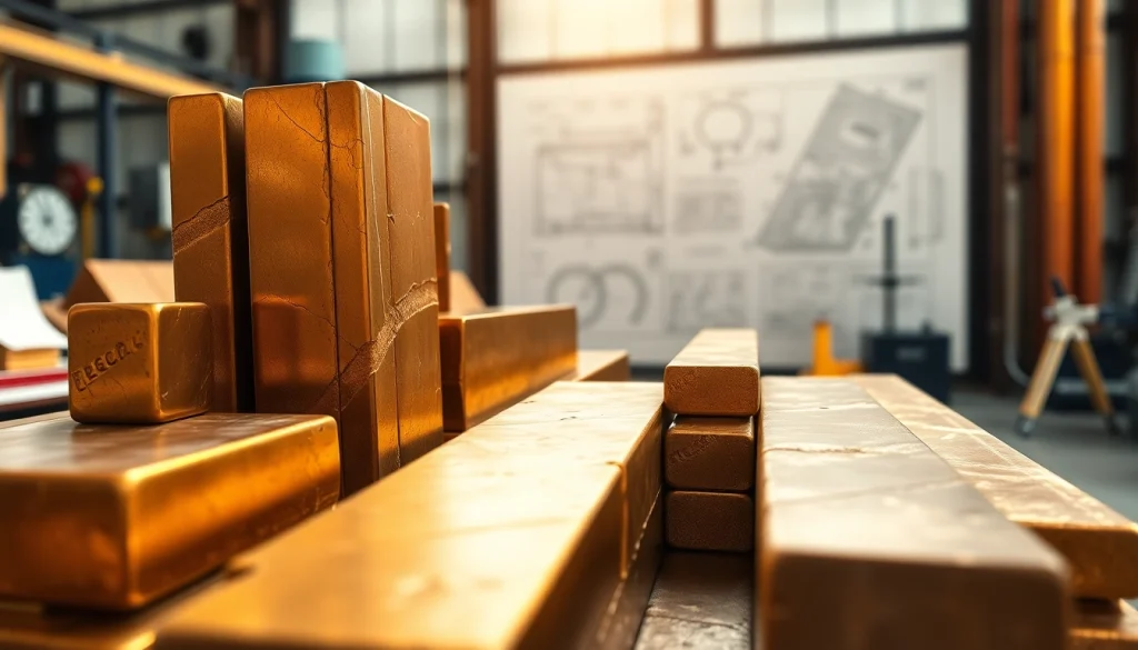 Bara bronz expusă într-un mediu industrial, evidențiind textura și calitatea sa metalică.