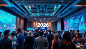 Futuristic conference scene on Crypto 2026 trends with diverse attendees and digital displays.