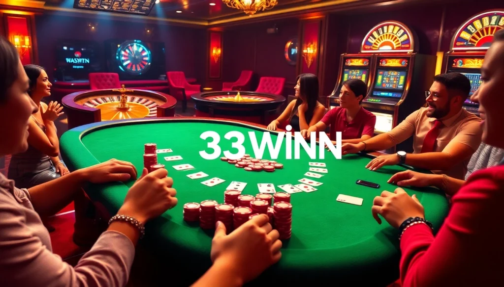 Experience the thrill of 33WIN casino games with vibrant poker chips and glowing slot machines.